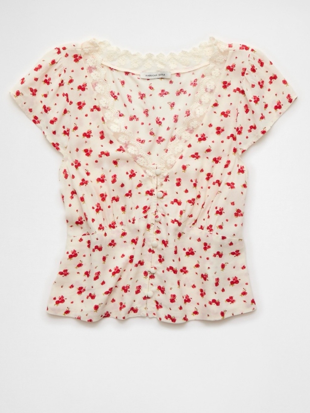 American Eagle Outfitters Cream Blouse with Red Floral Print & Lace Trim